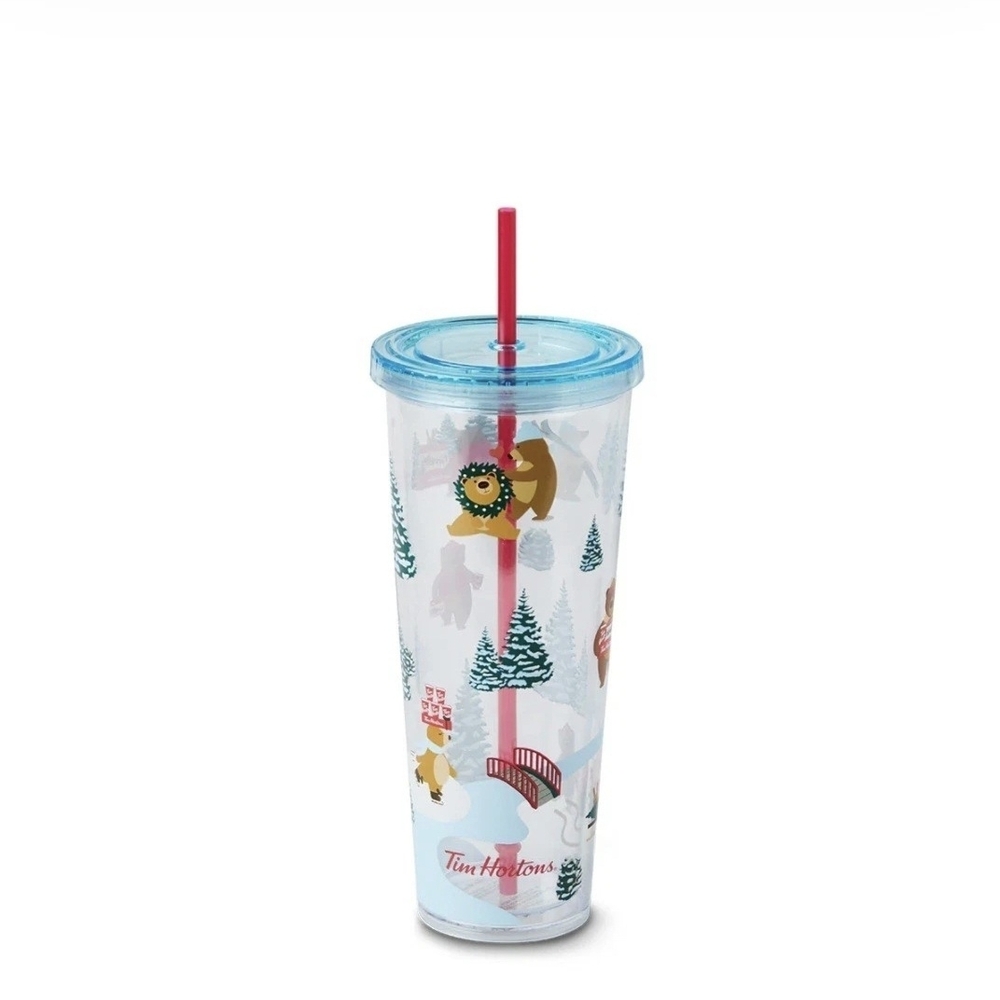 Tim Hortons Holiday Bear Tall Tumbler - Clear with Blue Lid & Pink Straw